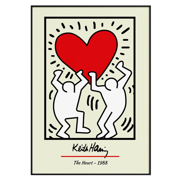 Keith Haring artwork from 1988 featuring two dancing figures holding a red heart