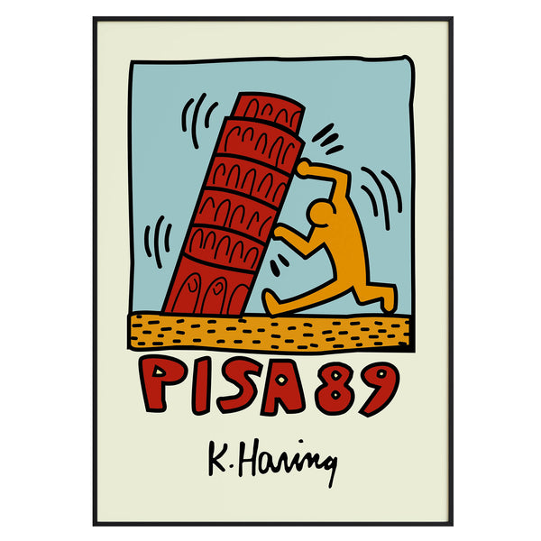 Keith Haring artwork Pisa 89 featuring an orange figure pushing the Leaning Tower of Pisa