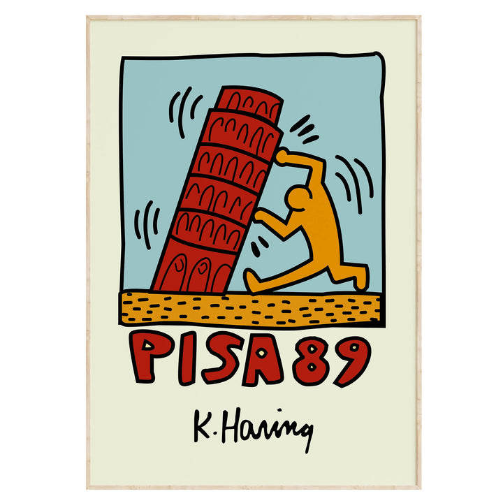 1989 Keith Haring pop art print showing human figure and Leaning Tower of Pisa