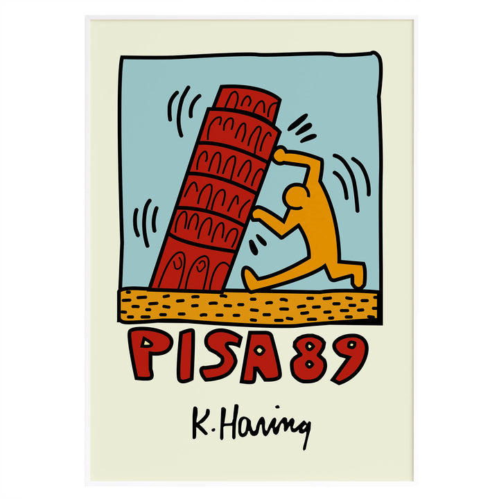 Playful Pisa 89 artwork by Keith Haring with bold colors and iconic towe