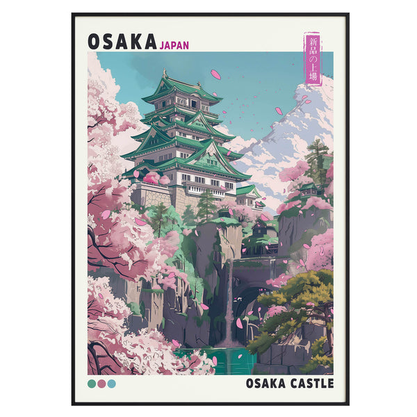 Osaka Castle wall art print, Japanese cherry blossom artwork with historic castle and mountain scenery, Asian architecture fine art poster