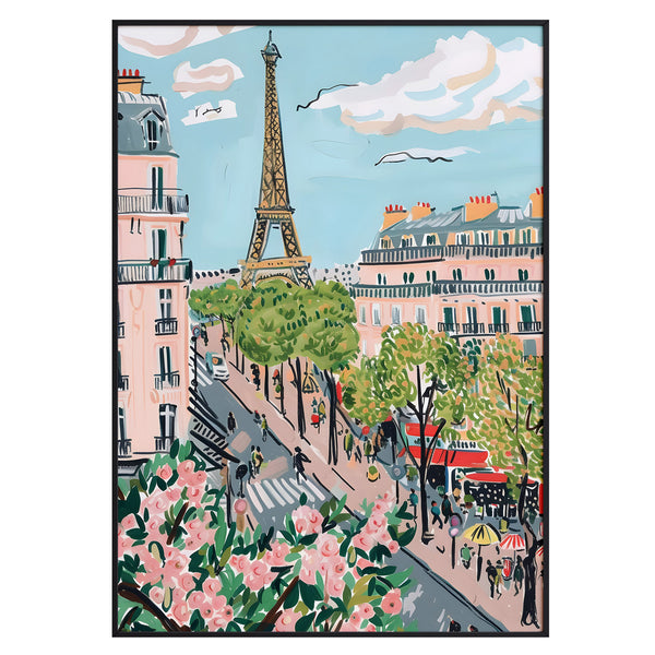 Paris Street Scene Wall Art Print – Eiffel Tower View, French Café Vibes, Romantic Cityscape