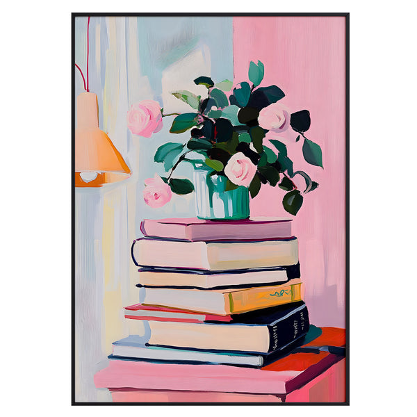 Still Life with Books and Blush Roses